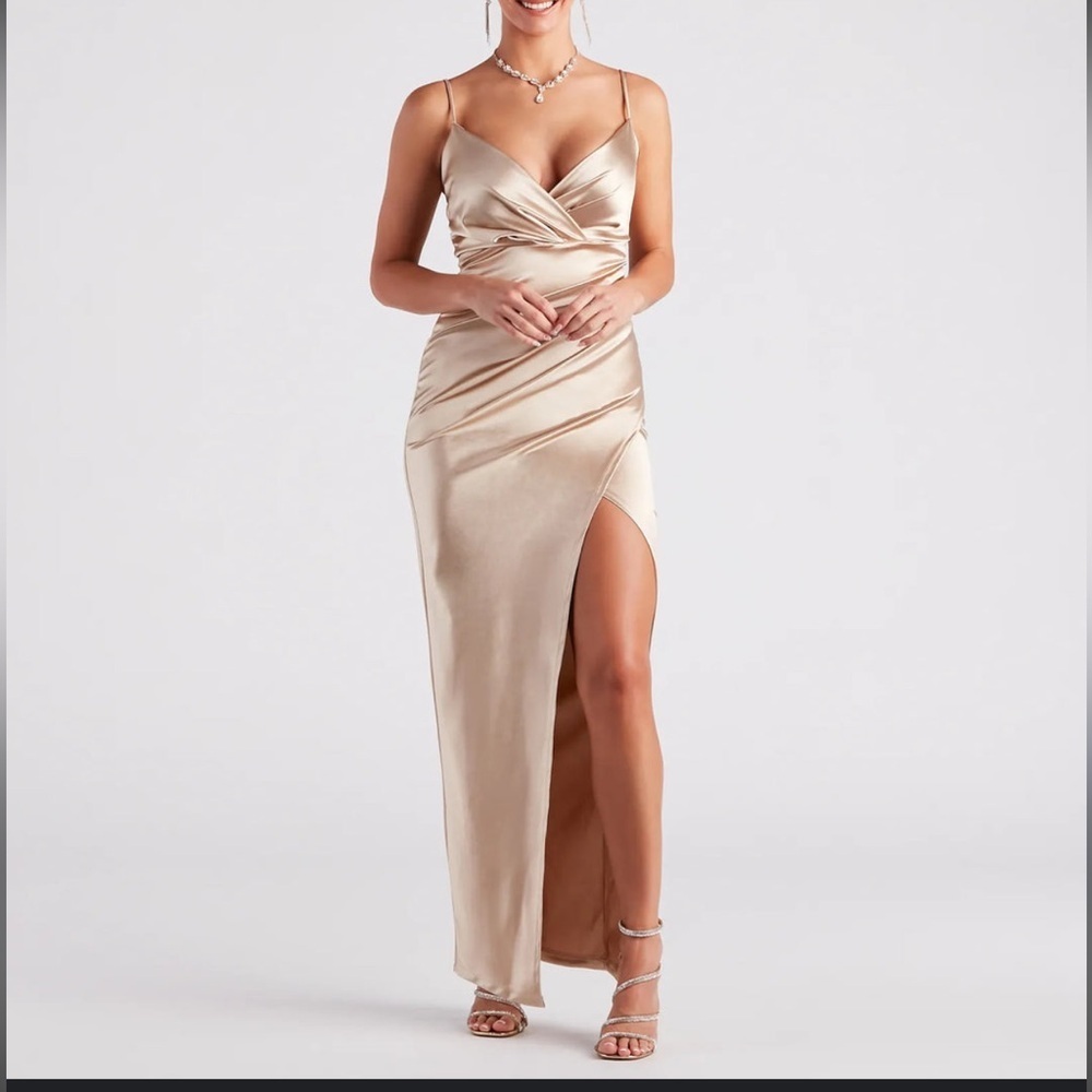 Gold Windsor tight dress Serena High Slit Satin Formal